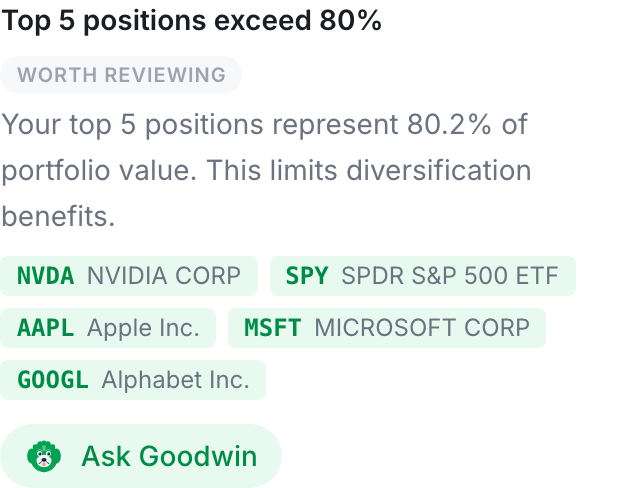 An observation card noting the top 5 positions exceed 80% of portfolio value, with the tickers listed