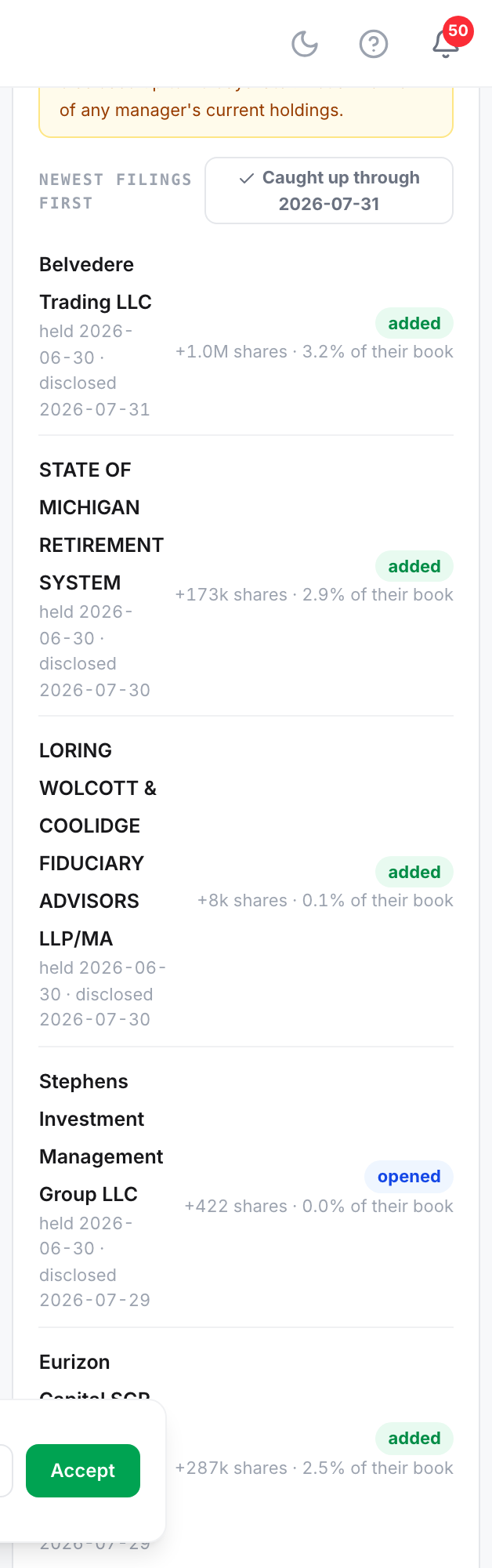 The season ledger for one stock: a progress bar showing 67 of 500 tracked managers filed, the delay banner, and newest filings first with share deltas