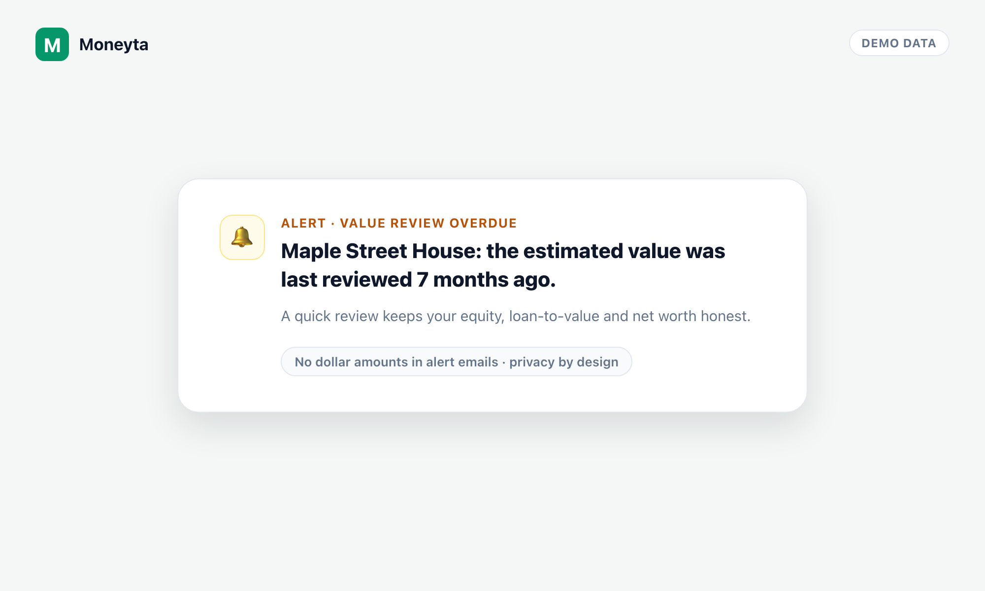 An alert card noting a property's estimated value hasn't been reviewed in over six months, with no dollar amounts shown