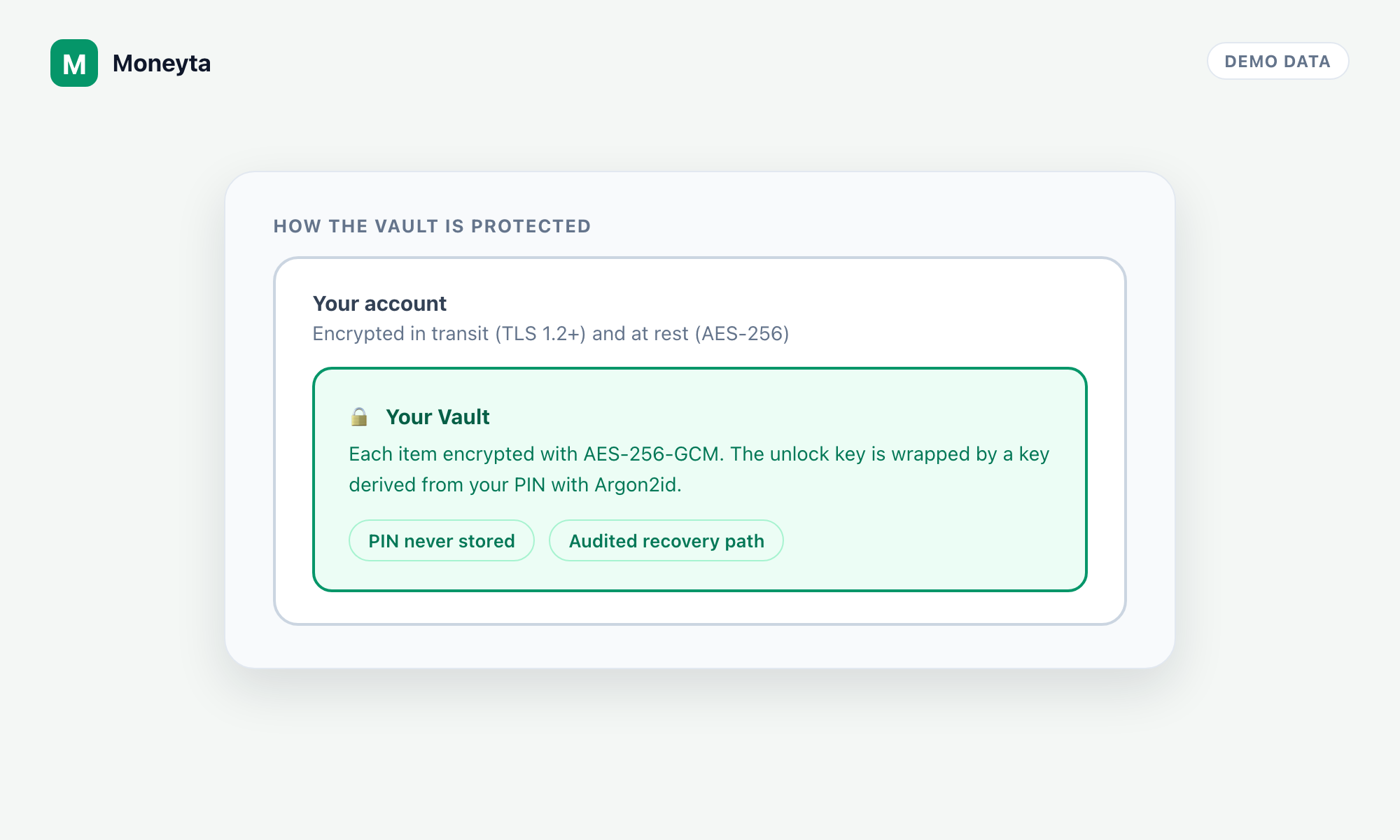 A diagram of the Vault's two protection layers: account-wide encryption at rest and in transit, plus a per-user PIN-derived key that unlocks Vault items