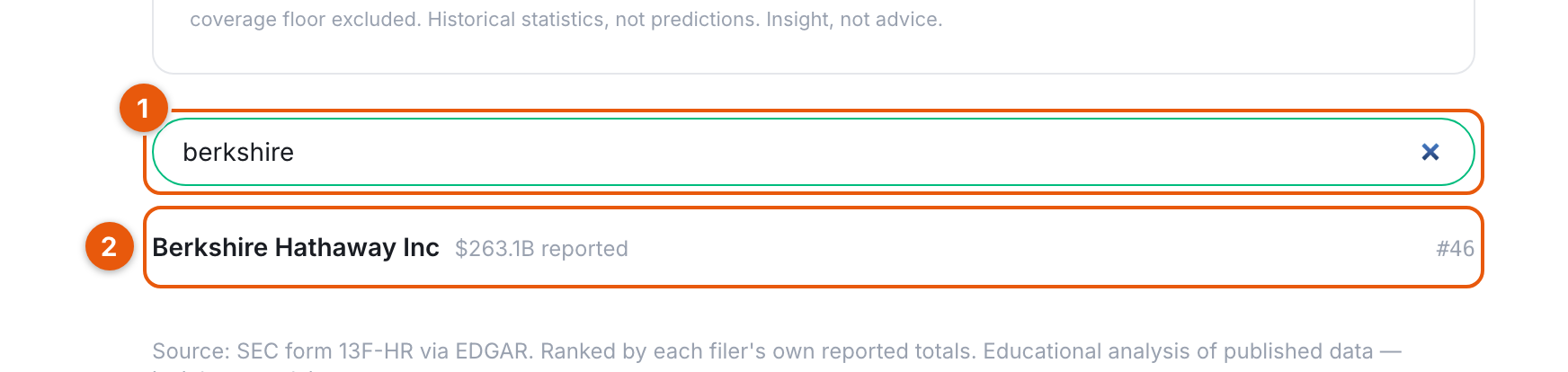 The fund manager directory with the search box and a Berkshire Hathaway result row highlighted
