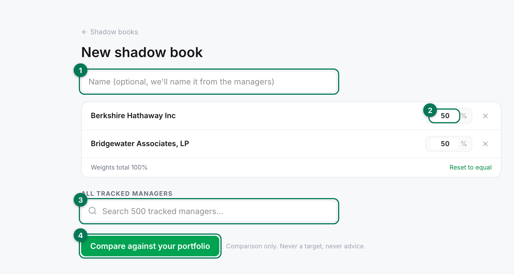 The shadow book builder with two managers weighted 50/50, the weight total line, and the compare button