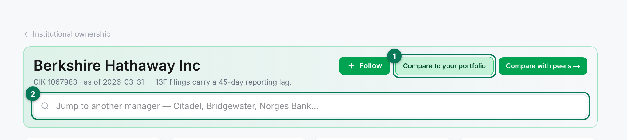 A fund manager page header with the Compare to your portfolio button and the manager jump box highlighted