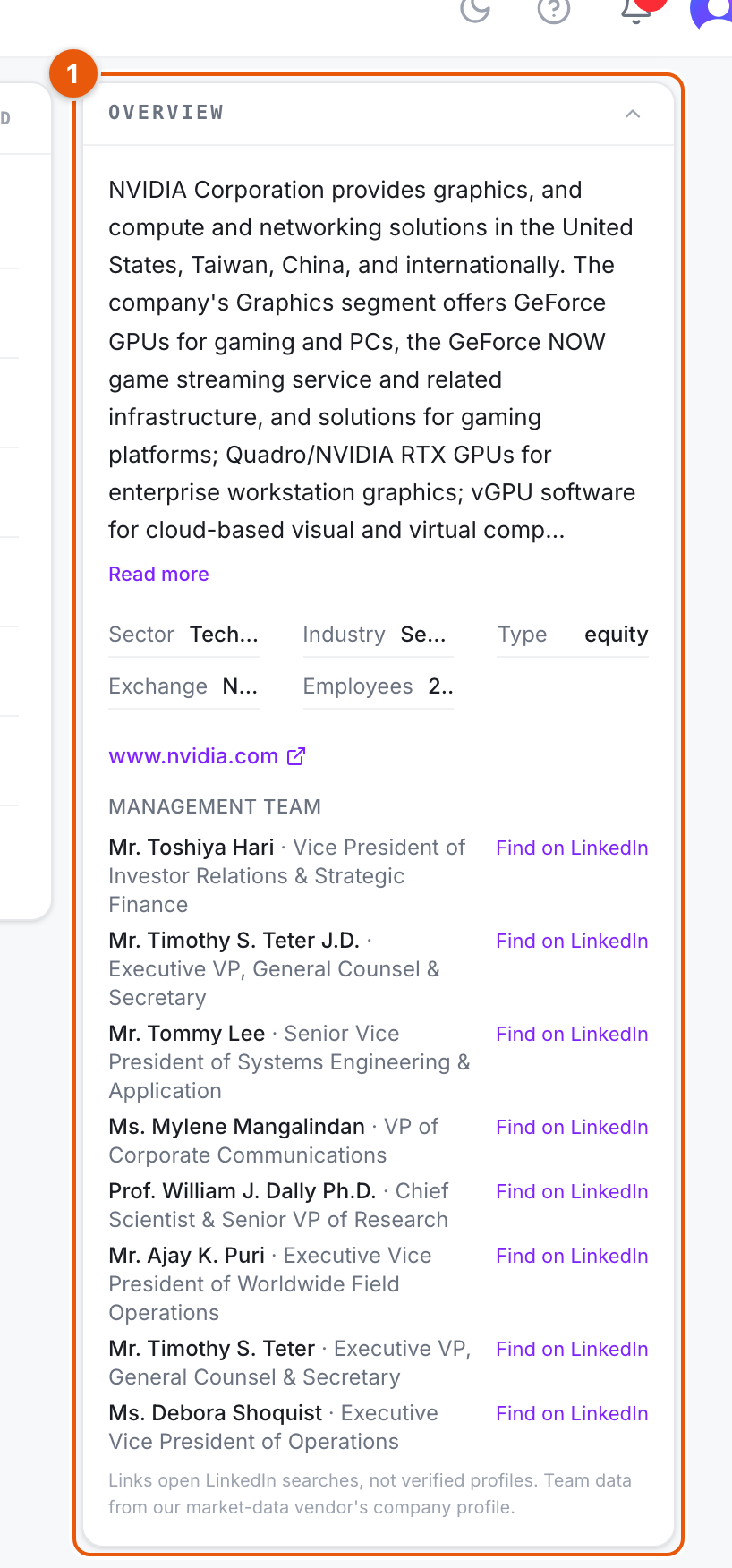 The overview card for NVDA: business description, key facts, and the management team list